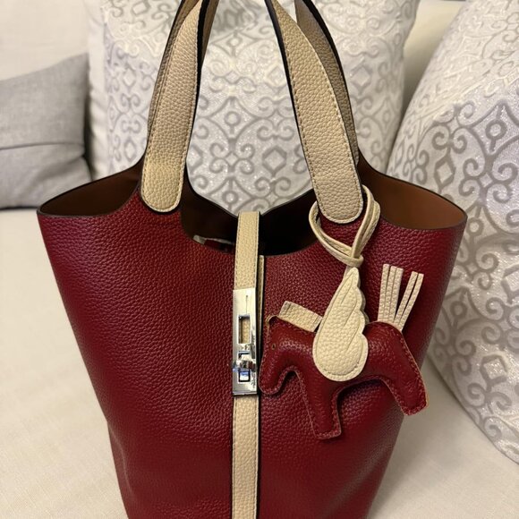 Neiman Marcus Ruby Red Vegan Leather Bucket Purse - Picture 1 of 4